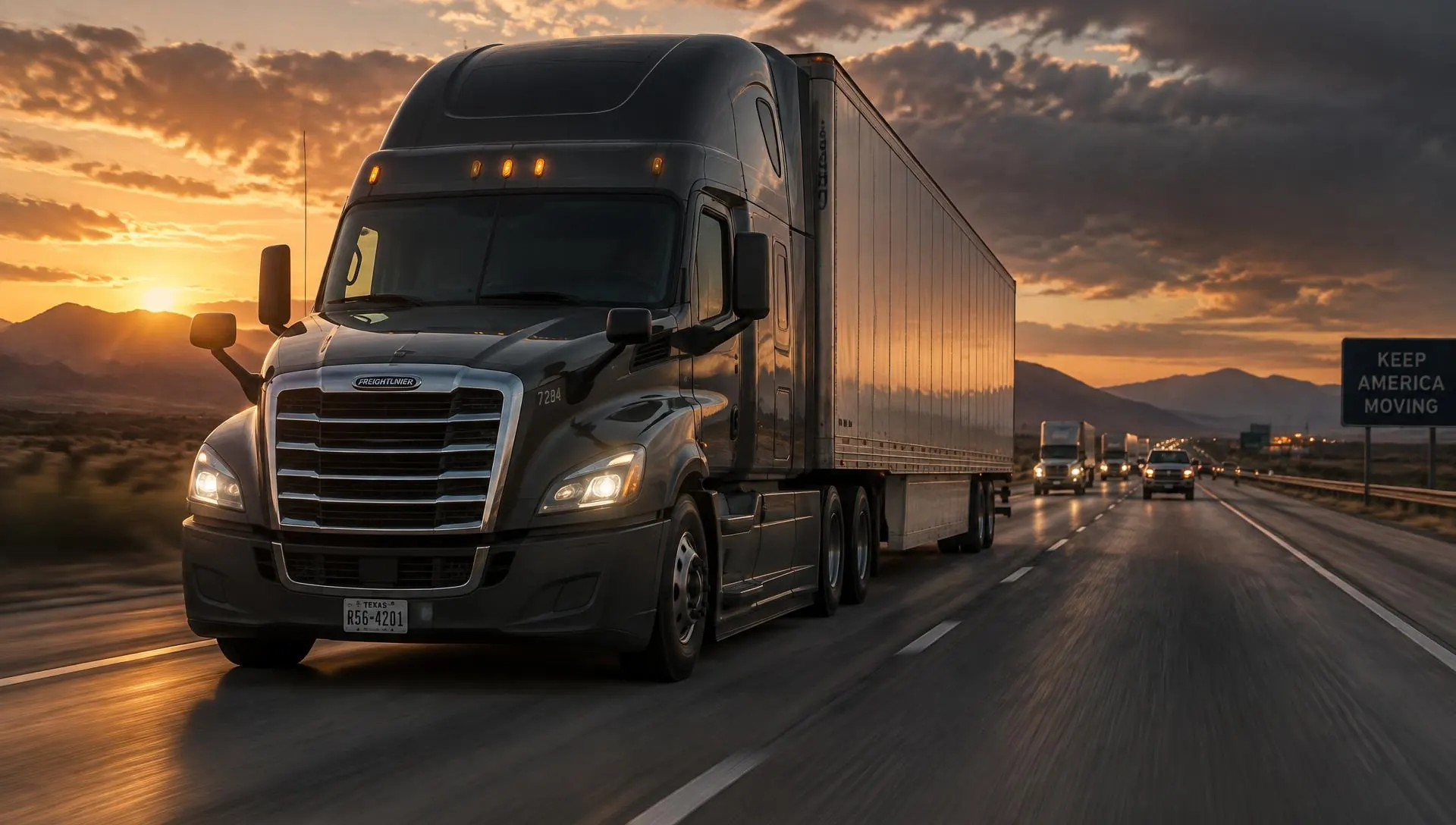 American Freightliner Cascadia semi truck on an interstate highway at dusk